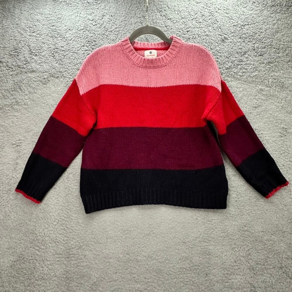 Sundry Size 2 Women's Wool Blend Knit Sweater Pink Color Block Crew Neck Comfort